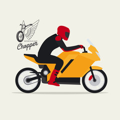 Biker with motorcycle in flat style with logotype silhouette, vector illustration