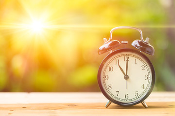 11 o' Clock and Morning sun with Bright and Flare Day Light Blur Green Garden Background with space for text. - obrazy, fototapety, plakaty