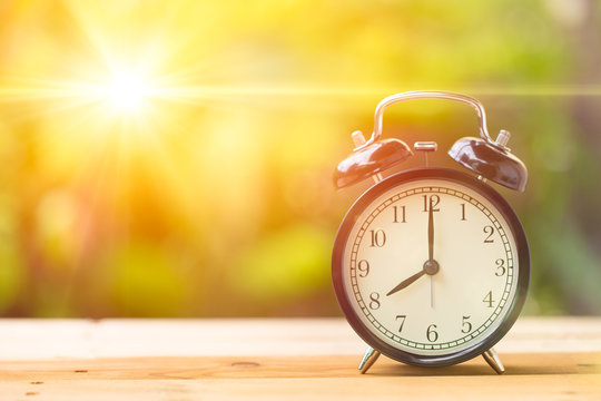 8 o' Clock and Morning sun with Bright and Flare Day Light Blur Green Garden Background with space for text.