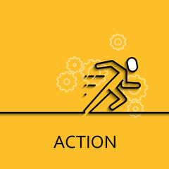 Vector business illustration in linear style with a picture of action as running man on yellow background poster or banner template.