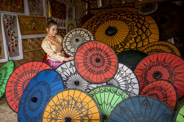 Asian Women in Colorful Umbrella Souvenier Shop at Bagan, Mandal