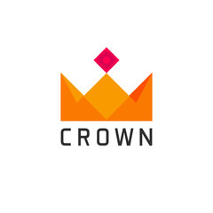 Crown logo vector isolated on white background, flat abstract geometric golden royal crown with purple jewel, creative trendy brand design