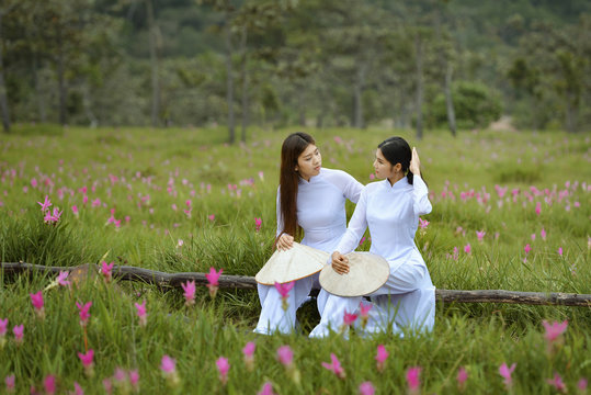 Beautiful  woman with Vietnam culture traditional dress,traditional costume ,vintage style,Vietnam