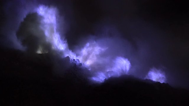 Blue flames at night, Ijen volcano, Indonesia
