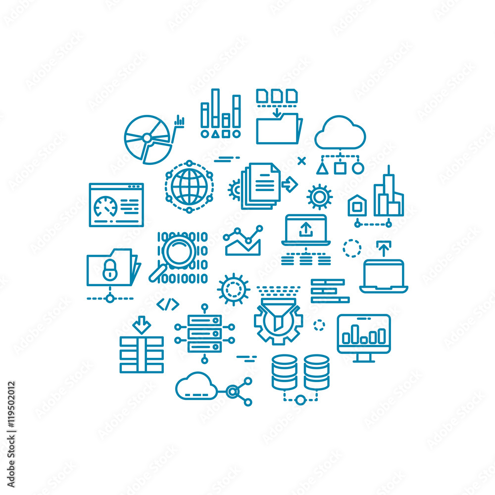 Poster big computer data outline vector icons in circle design