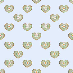 Drawing of a seamless pattern with hearts in turquoise, gold and orange colors, with floral ethnic round ornament on a blue background