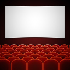 Cinema movie hall with white blank screen. Vector illustration