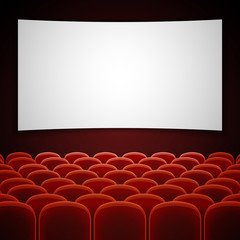 Obraz premium Cinema movie hall with white blank screen. Vector illustration