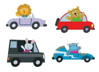 Glasbilder Autorennen Kinderautos transportieren mit niedlichem Cartoon-Tier-Vektor-Set