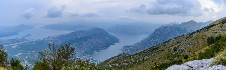 Panorama of the Kotor Bay from a mountain Lovcen on a cloudy day