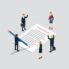 Flat 3d web isometric contract signature and casual micro people infographic concept vector