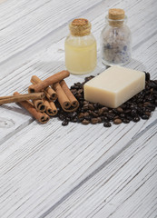 handmade soap and coffee on wooden background