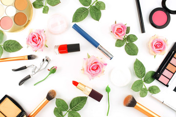Fototapeta na wymiar Makeup Cosmetics with Vintage Roses on White Background, Flat Lay Style