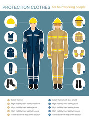 Info-graphics with professional uniform for hard-working people. Safety clothes and helmet. 