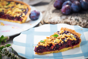 Homemade organic plum pie on wooden background
