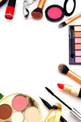 Makeup Cosmetics with Vintage Roses on White Background, Flat Lay Style with Free Text Space