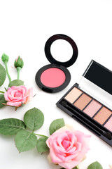 Obraz na płótnie Canvas Makeup Cosmetics with Vintage Roses on White Background, Flat Lay Style with Free Text Space