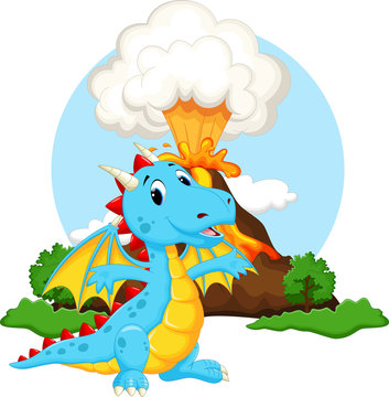 Cute dragon cartoon with volcano background