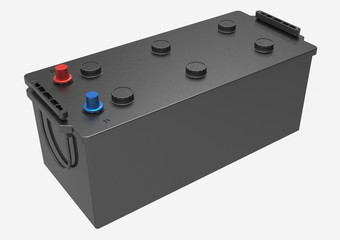 3D black truck battery with handles on white with black terminals