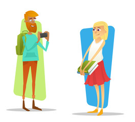 Students with gadgets and books. Character design. Vector illustration.