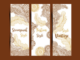 Vertical flyers or three fold brochure template with Steampunk decor, feathers and gear wheels elements.
