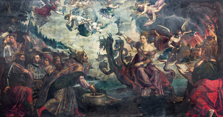 BRESCIA, ITALY - MAY 23, 2016: The painting of Apocalyptic vision The courtesan Babylon sitting on the dragon in church Chiesa di San Giovanni Evangelista by Grazio Cossali (middle of 16. cent.)