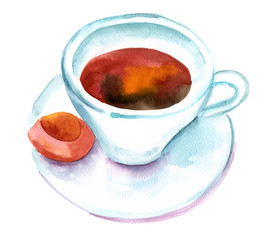 Watercolor sketch of black coffee cup with biscuit, on white