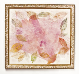 Frame with abstract pink brush stokes, skeleton leaves
