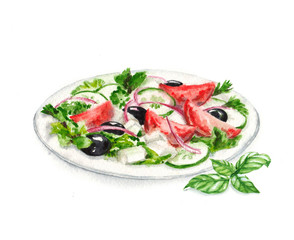 Hand drawn watercolor illustration of Greek salad on the plate isolated on the white background - 119509600