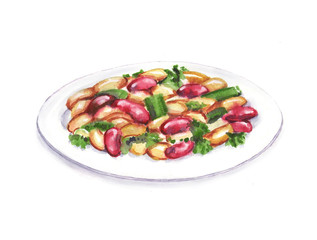 Hand drawn watercolor illustration of the food: beans salad on the plate, isolated on the white background