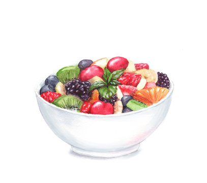 Hand drawn watercolor illustration of the food: fruit salad in the plate, isolated on the white background