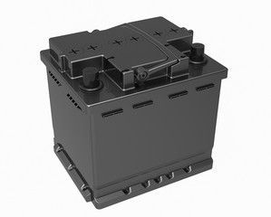 3D black car battery with handles on white with black terminals