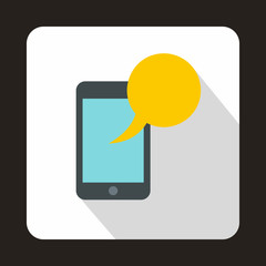 Smartphone with yellow speech bubble icon in flat style on a white background