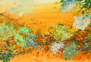 Herbstlicher Hintergrund orange mit Blatt Strukturen Acrylmalerei Herbstwind