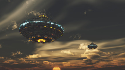Unidentified flying object. Futuristic spaceship.