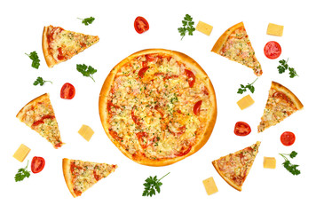 Tasty pizza (with chicken, tomatoes, pineapples, parsley) and pieces of pizza, tomatoes, pieces of cheese and leaf of parsley on a white background. Flat lay
