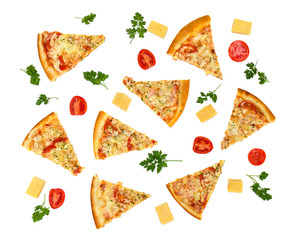Pieces of tasty pizza (with chicken, tomatoes, pineapples, parsley), tomatoes, pieces of cheese and leaf of parsley on a white background. Flat lay