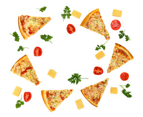 Pieces of tasty pizza (with chicken, tomatoes, pineapples, parsley), tomatoes, pieces of cheese and leaf of parsley on a white background with space for text. Flat lay