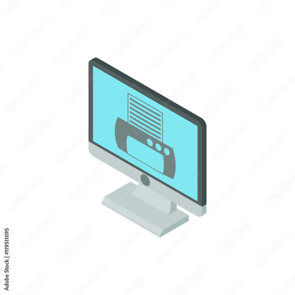 Poster print button on monitor icon in cartoon style isolated on white background. paint symbol