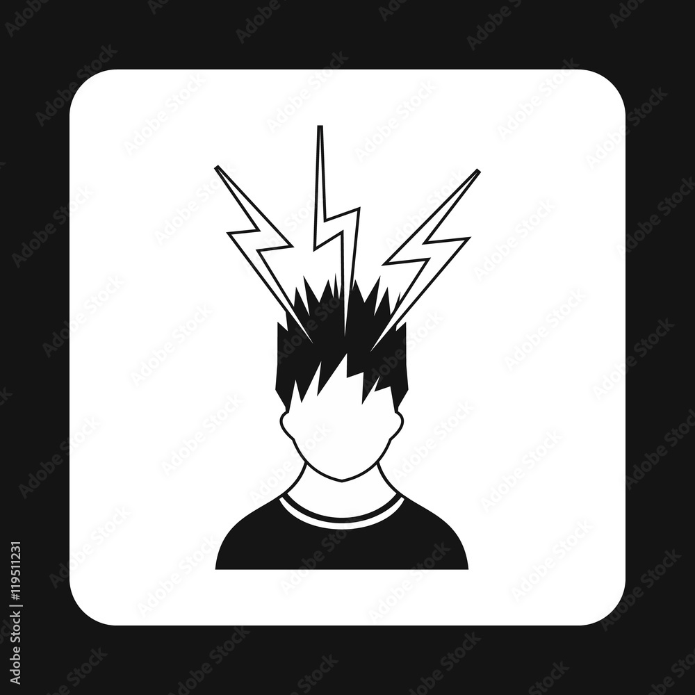 Poster man and lightnings near head icon in simple style isolated on white background