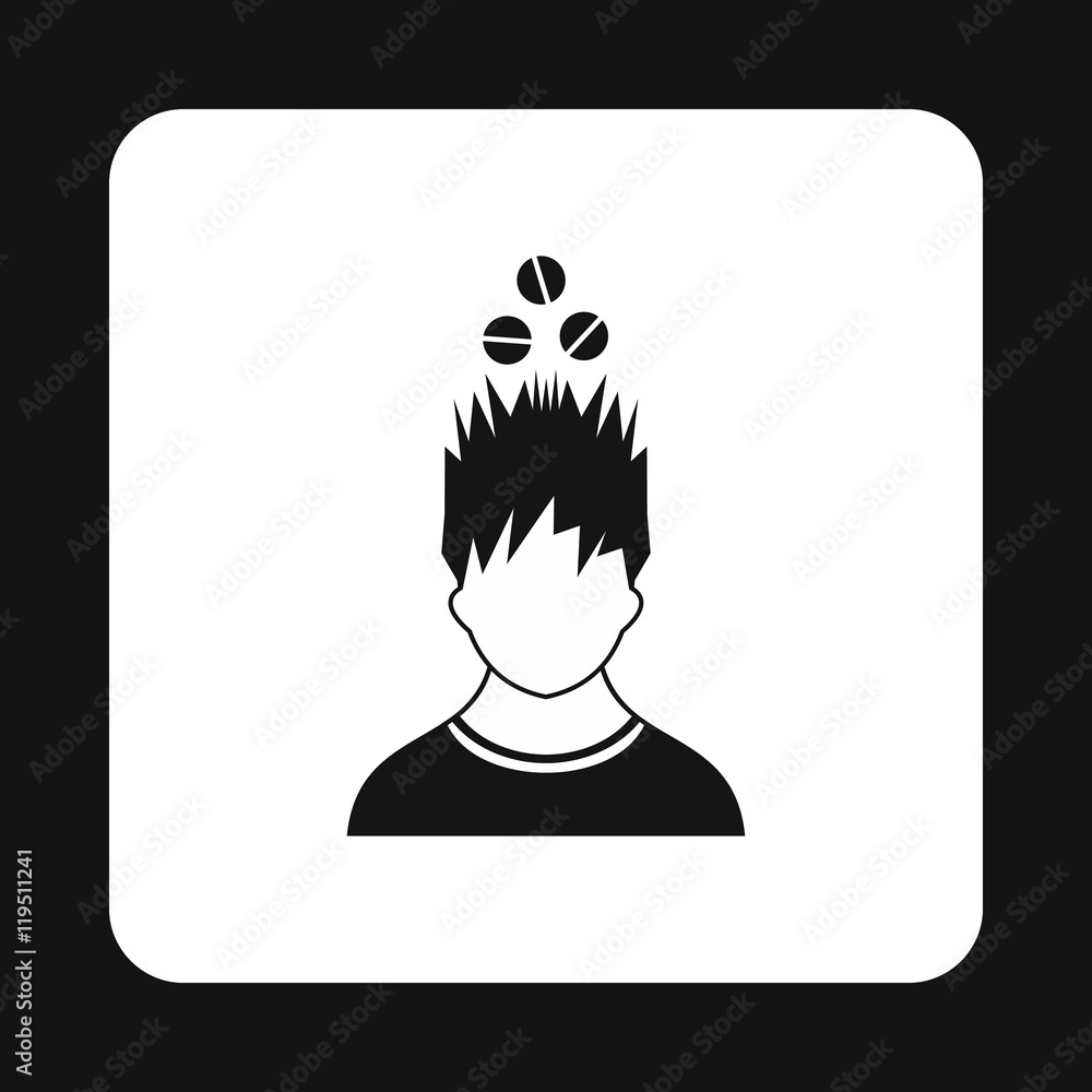 Poster man with tablets over his head icon in simple style isolated on white background