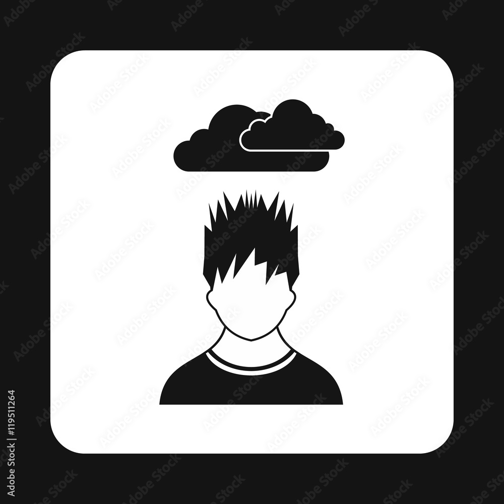 Poster depressed man with clouds over his head icon in simple style isolated on white background