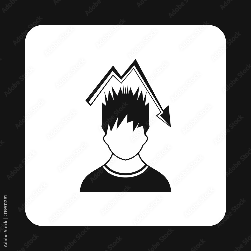 Poster man with falling graph icon in simple style isolated on white background