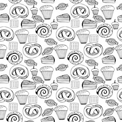 Hand drawn sweets and candies set. Monochrome Vector Seamless Pattern.