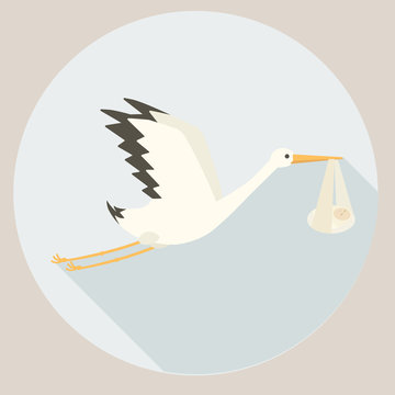 Stork delivering baby cartoon vector illustration