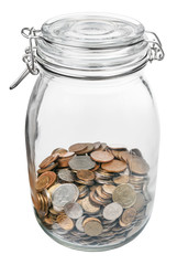 closed glass jar with saved money isolated
