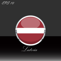Latvia flag isolated on black background. Latvian flag button in silver chrome ring. Latvia sport competition participant. Web button, language sign, print graphic element Clip art illustration icon