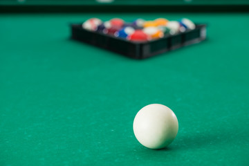 Billiard table with balls. Close-up. Narrow depth of field