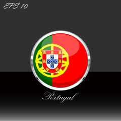 Portugal flag isolated on black background. Portuguese flag button in silver chrome ring. Portugal sport competition participant. Web button, language sign, print graphic element Clip art illustration