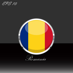 Fototapeta premium Romania flag isolated on black background. Romanian flag button in silver chrome ring. Romania sport competition participant. Web button, language sign, print graphic element Clip art illustration